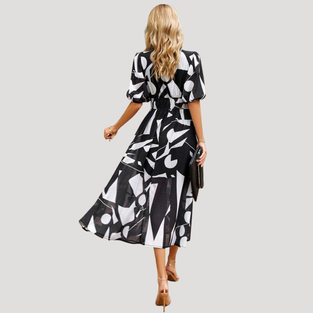 Women’s Dress Floral Midi Puff Sleeve V Neck Casual