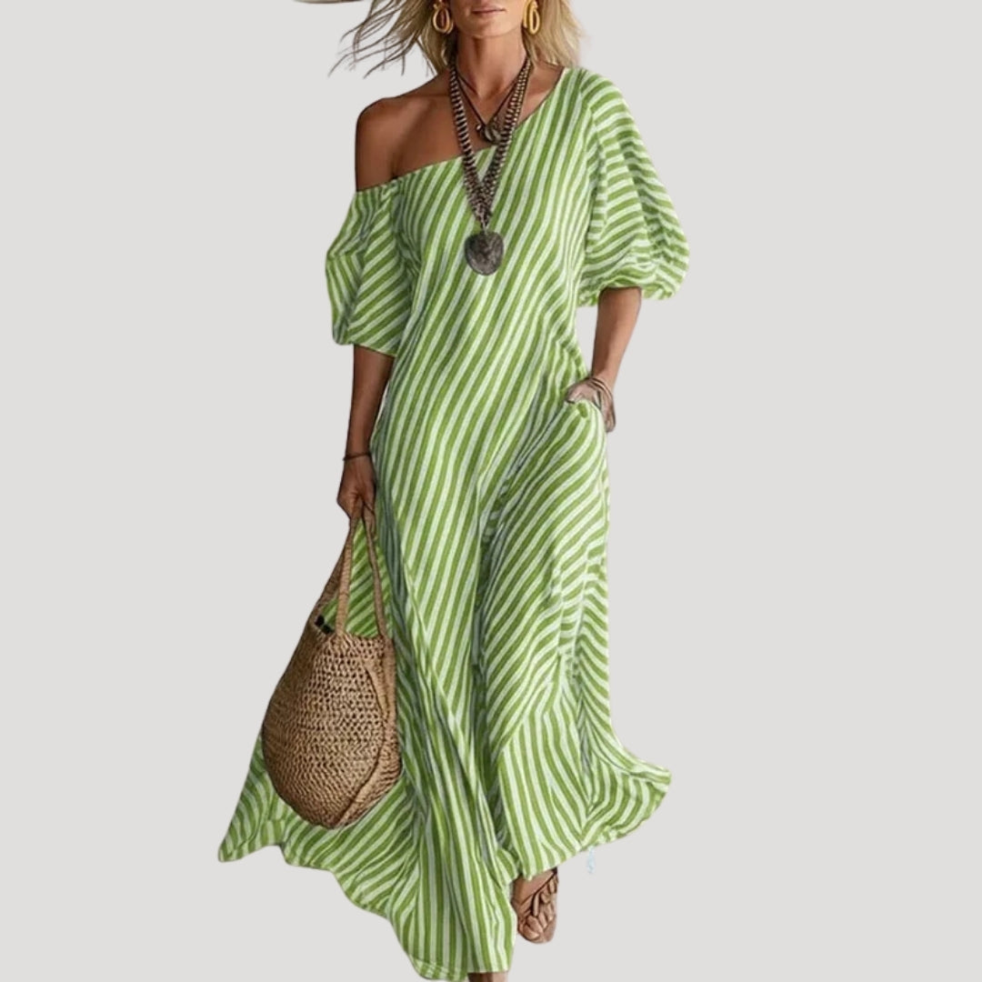 Women’s Maxi Dress Striped One Shoulder Summer Flowy Casual