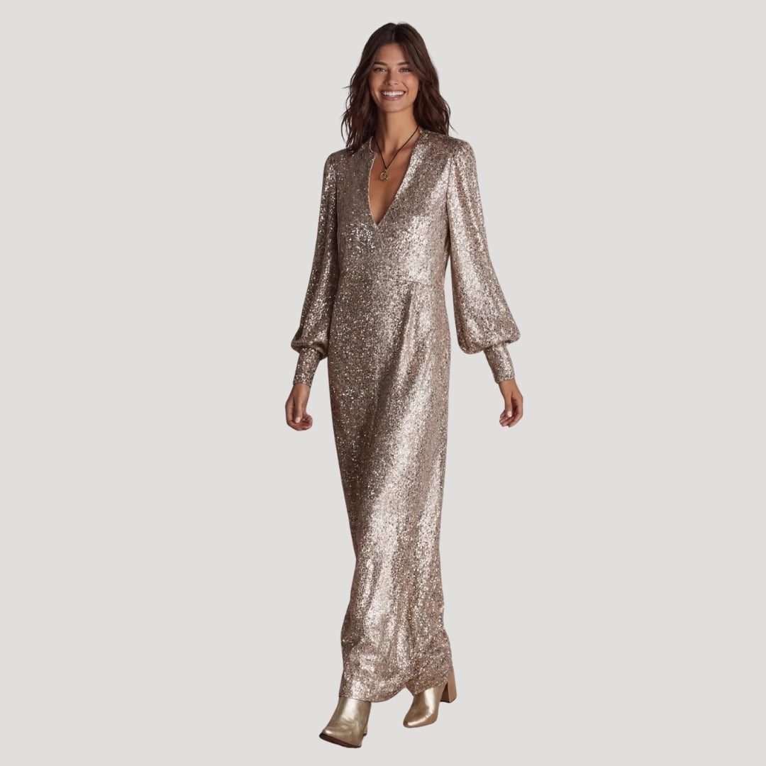 Women’s Formal Dress Sequin Maxi Long Sleeve V Neck