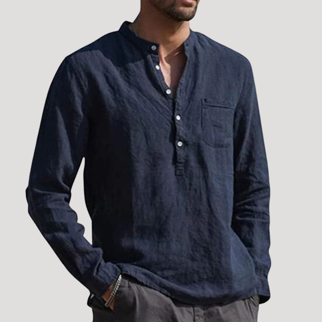 Men Linen Shirt Grandad Collar Long Sleeve Relaxed Fit