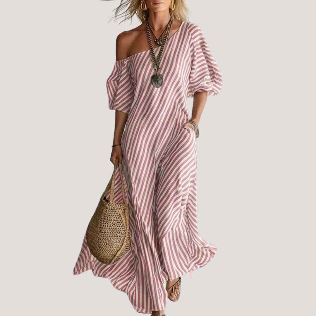 Women’s Maxi Dress Striped One Shoulder Summer Flowy Casual