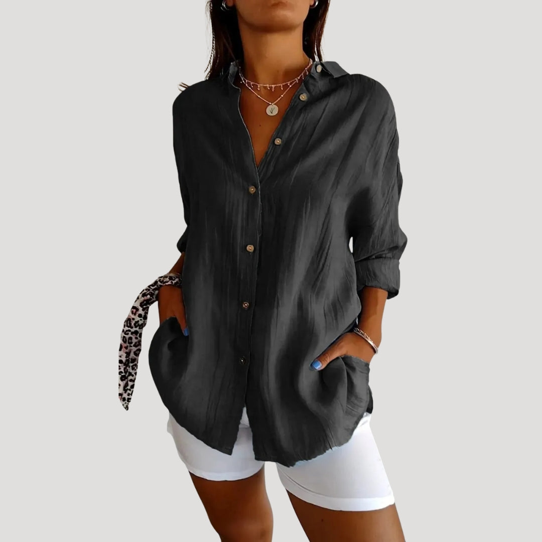 Women’s Long Button Shirt Relaxed Fit Collared Top