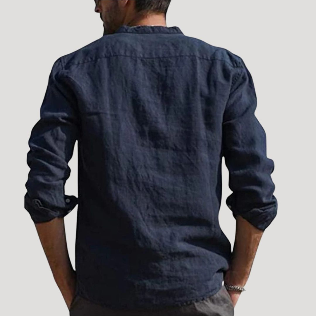 Men Linen Shirt Grandad Collar Long Sleeve Relaxed Fit