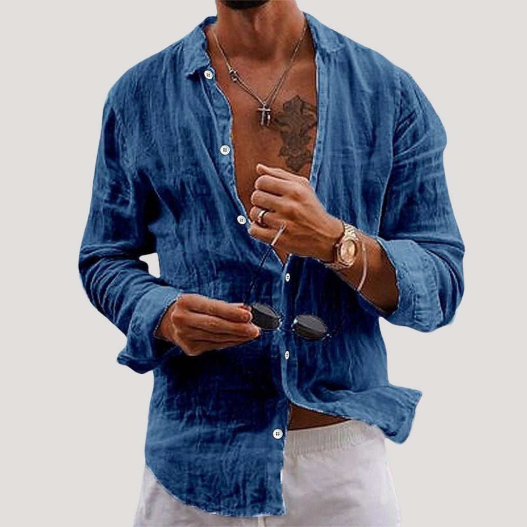 Mens Linen Shirt Long Sleeve Button Casual
