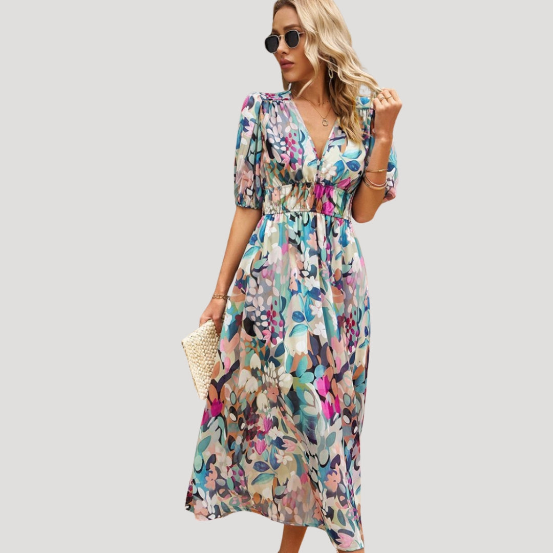 Women’s Dress Floral Midi Puff Sleeve V Neck Casual