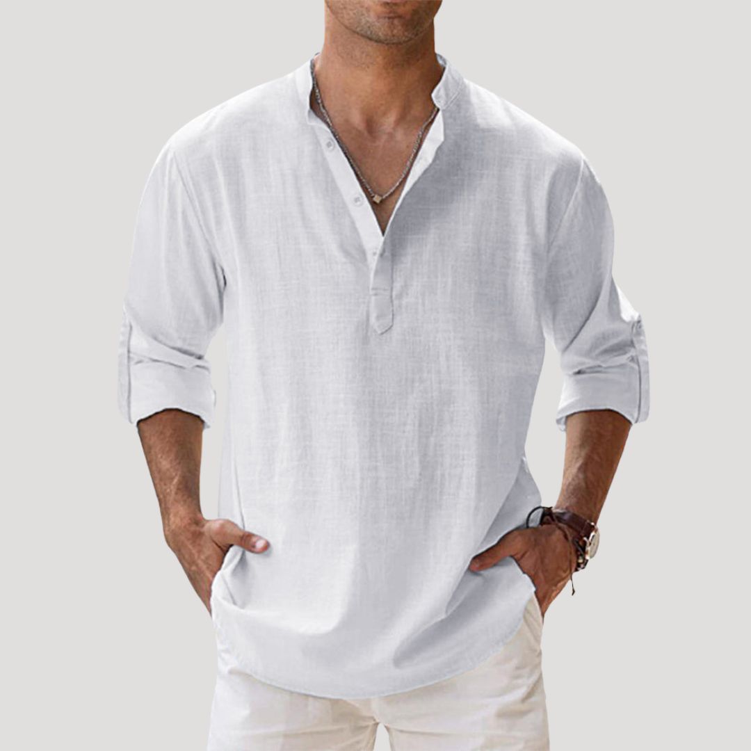 Men’s Long Sleeve Linen Shirt with Mandarin Collar Relaxed Style
