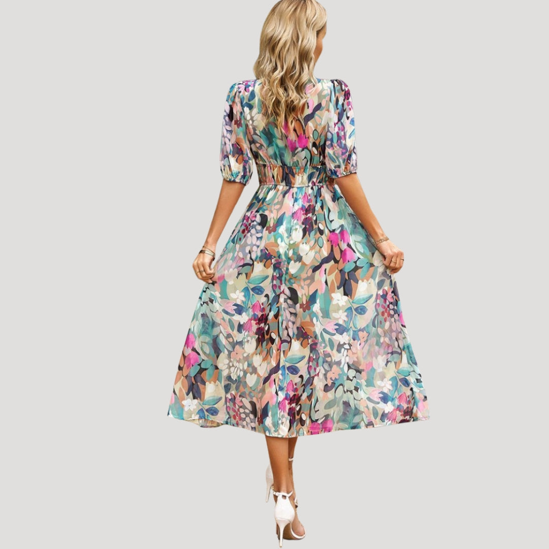 Women’s Dress Floral Midi Puff Sleeve V Neck Casual