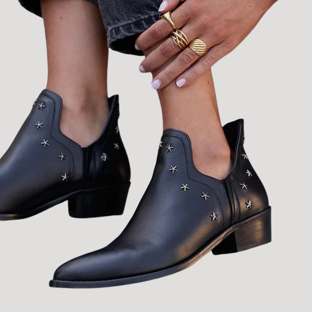 Women’s Ankle Boots Black Western Studded Leather Zip