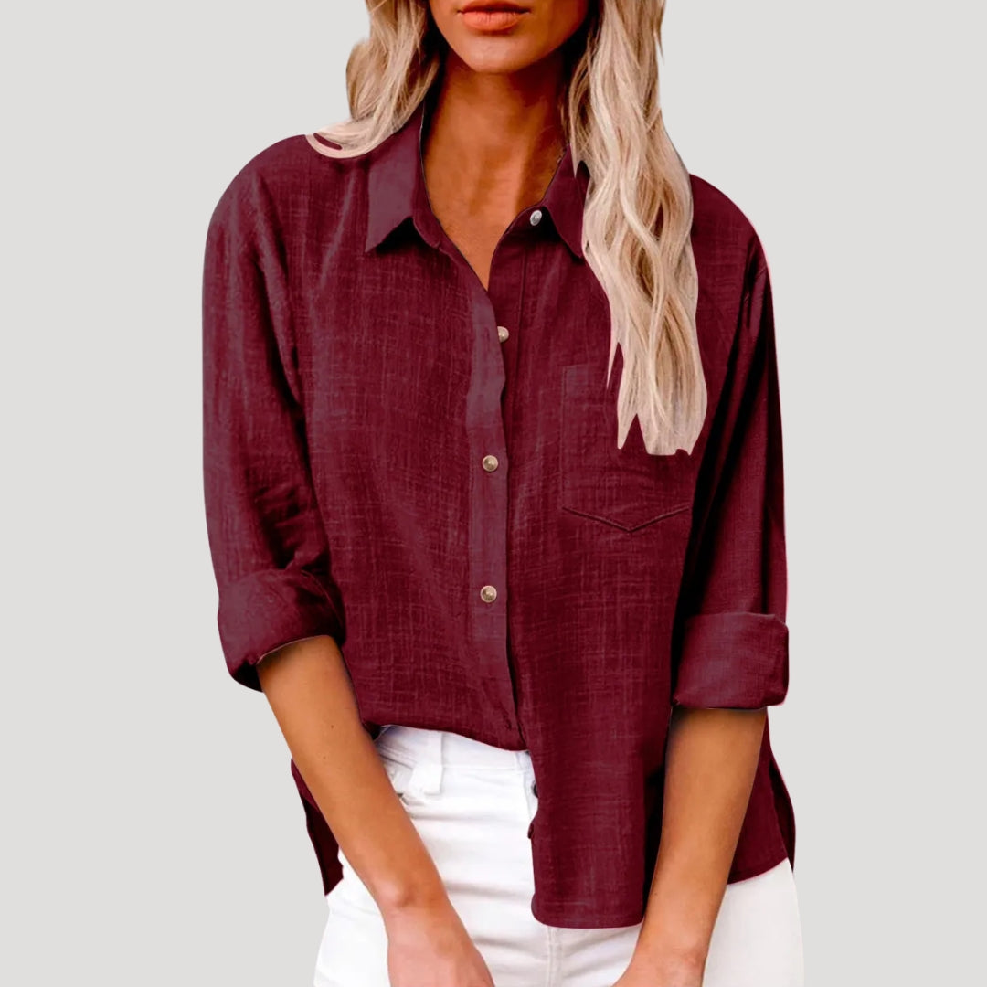 Women's Linen Shirt Long Sleeve Relaxed Fit Pocket Summer Casual