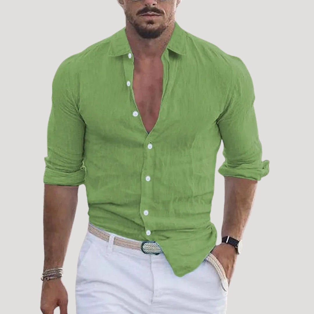 Men Linen Shirt Long Sleeve Relaxed Fit Button Up