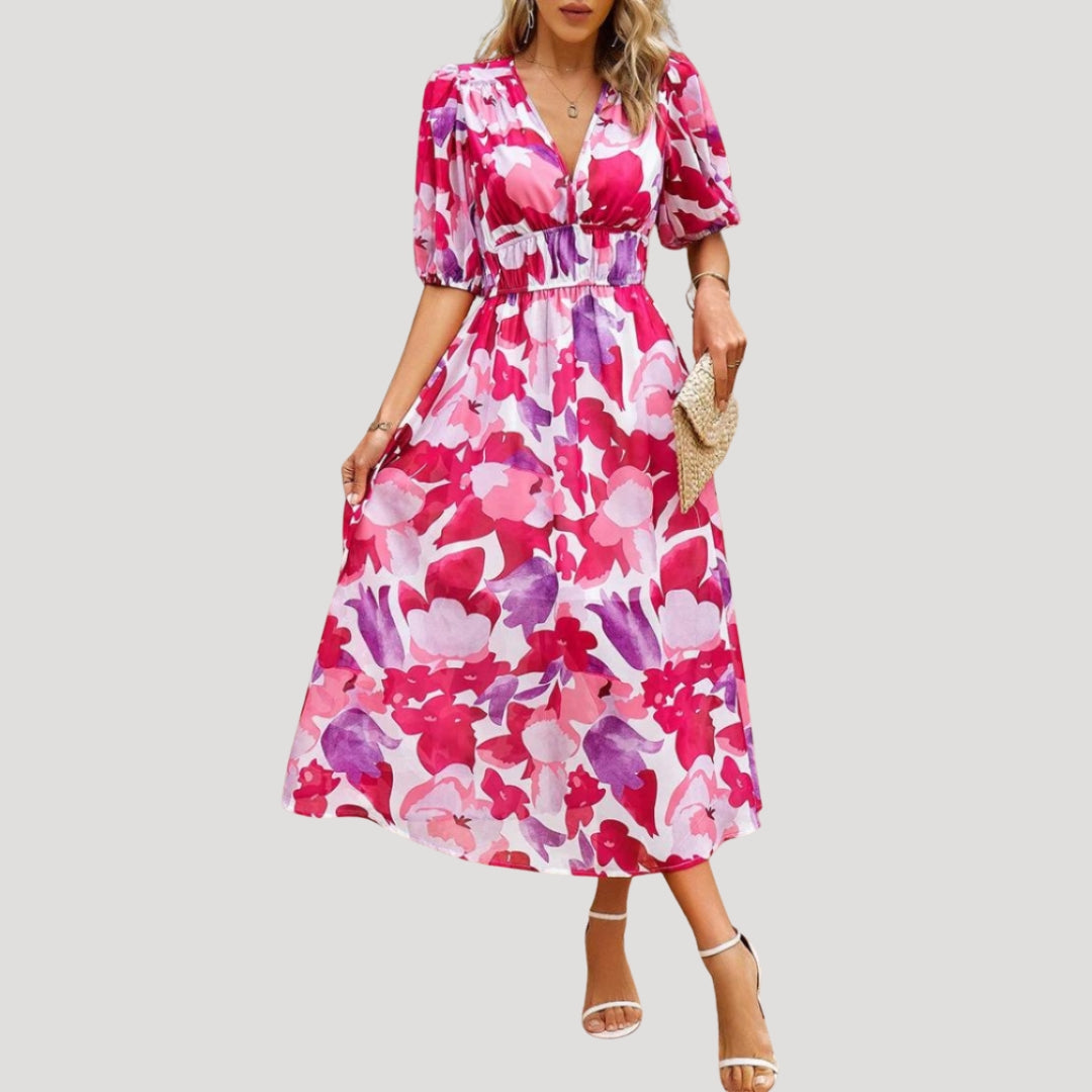 Women’s Dress Floral Midi Puff Sleeve V Neck Casual