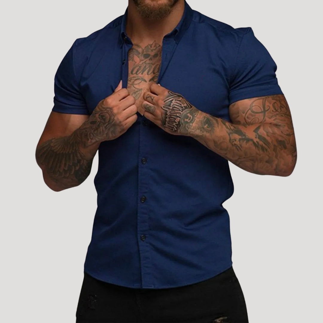 Men Short Sleeve Slim Fit Shirt Button Front Casual