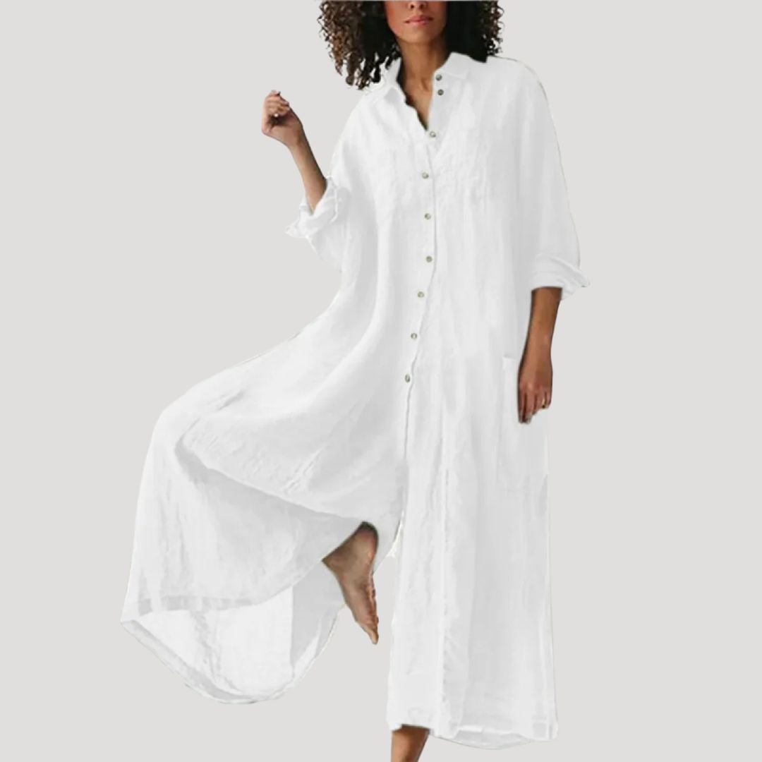 Women Linen Maxi Shirt Dress Long Sleeve Relaxed Fit