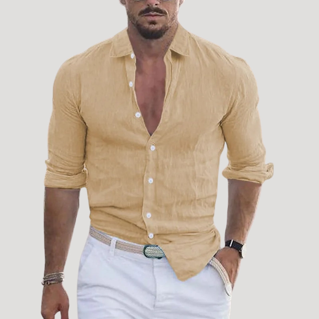 Men Linen Shirt Long Sleeve Relaxed Fit Button Up