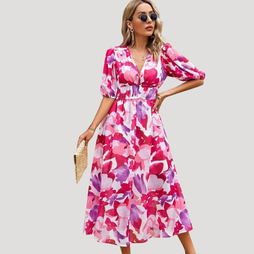 Women’s Dress Floral Midi Puff Sleeve V Neck Casual