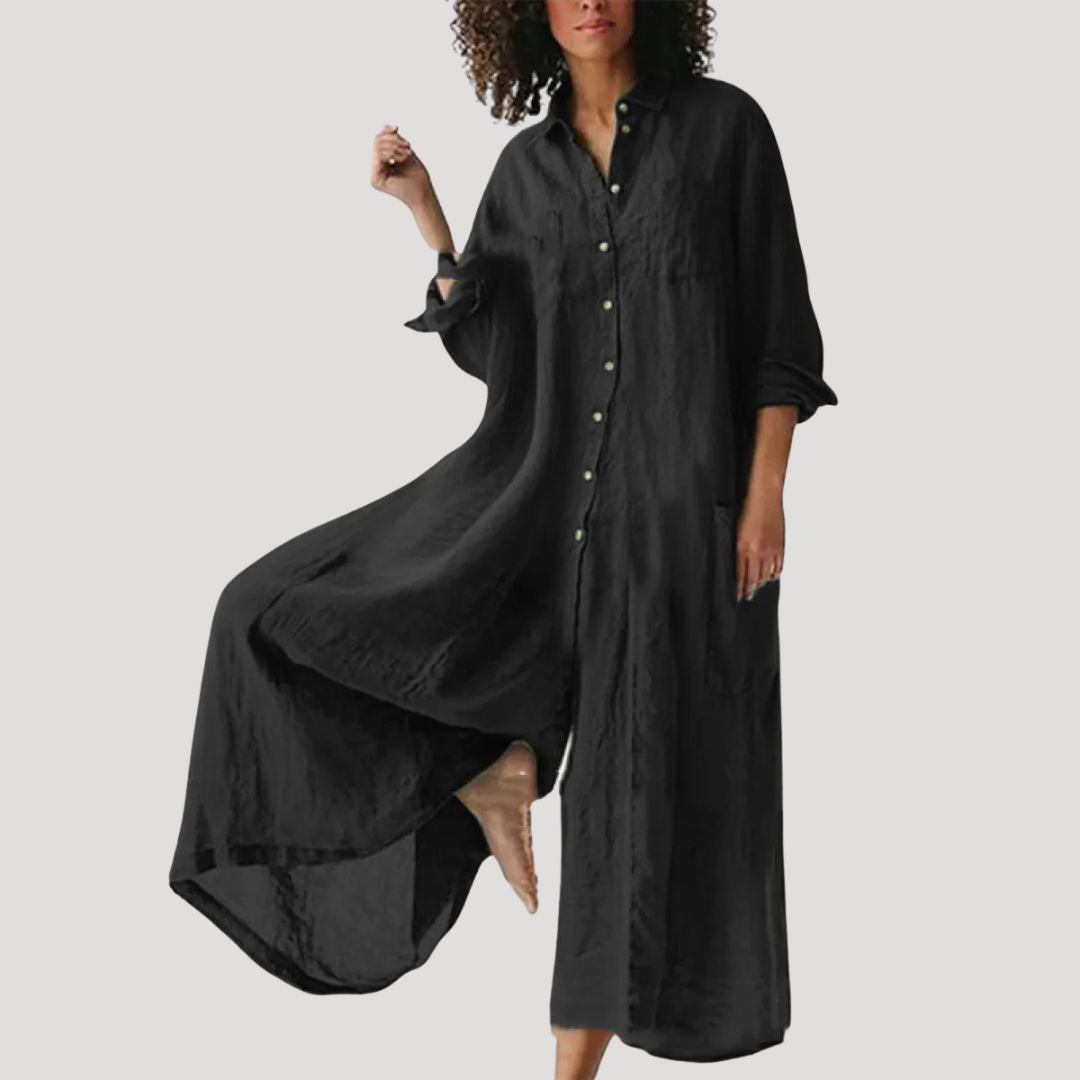 Women Linen Maxi Shirt Dress Long Sleeve Relaxed Fit