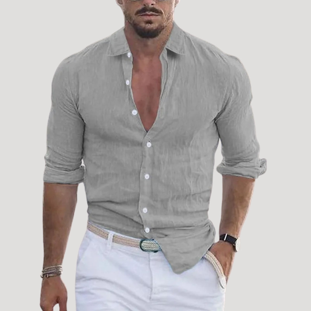 Men Linen Shirt Long Sleeve Relaxed Fit Button Up