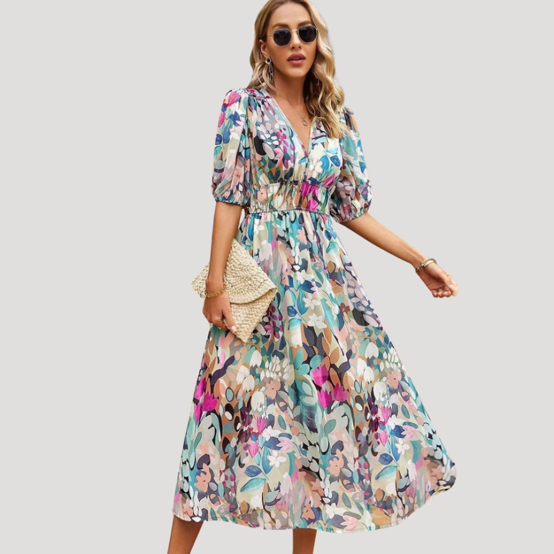 Women’s Dress Floral Midi Puff Sleeve V Neck Casual