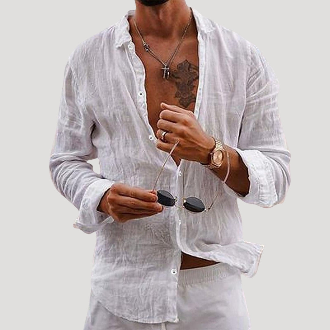 Mens Linen Shirt Long Sleeve Button Casual