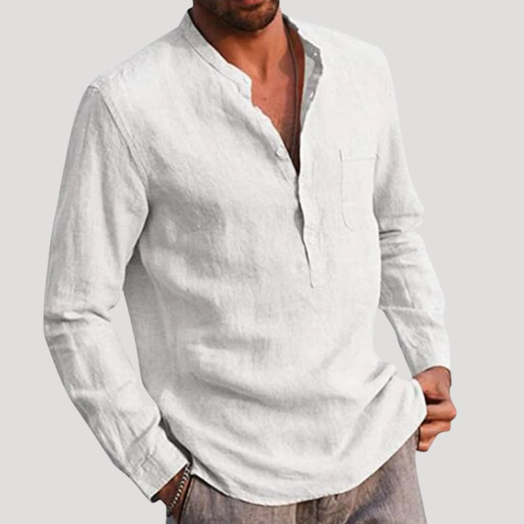 Men Linen Shirt Grandad Collar Long Sleeve Relaxed Fit