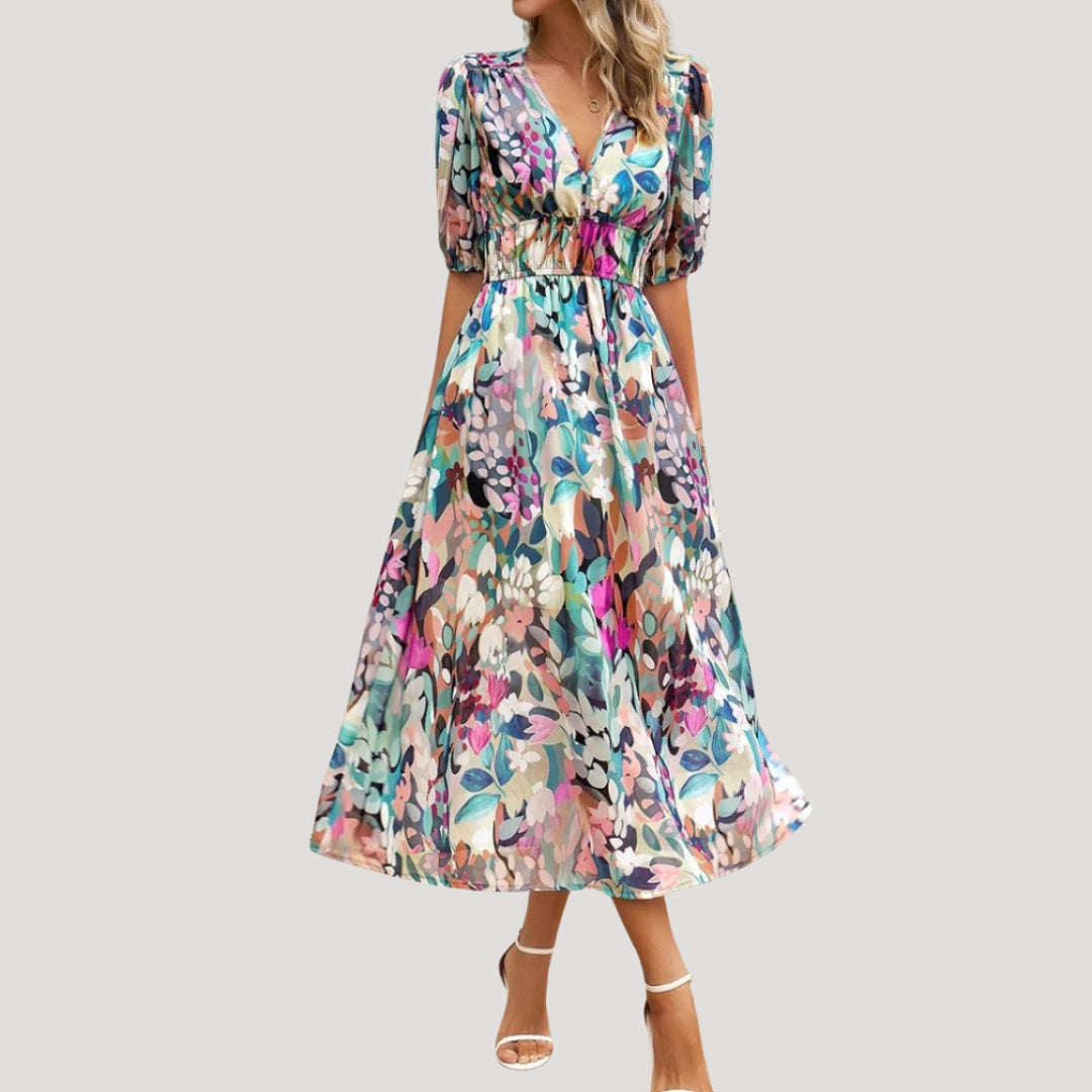 Women’s Dress Floral Midi Puff Sleeve V Neck Casual