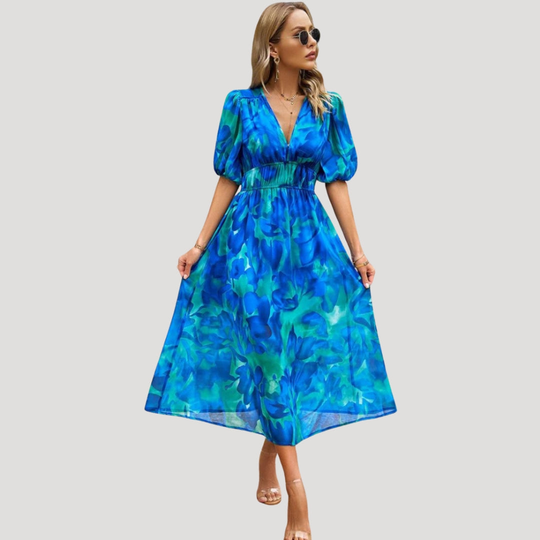 Women’s Dress Floral Midi Puff Sleeve V Neck Casual