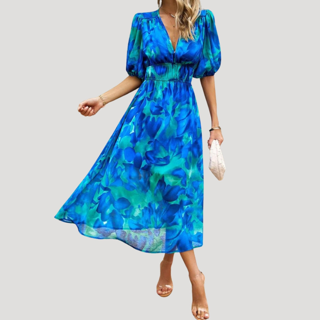 Women’s Dress Floral Midi Puff Sleeve V Neck Casual