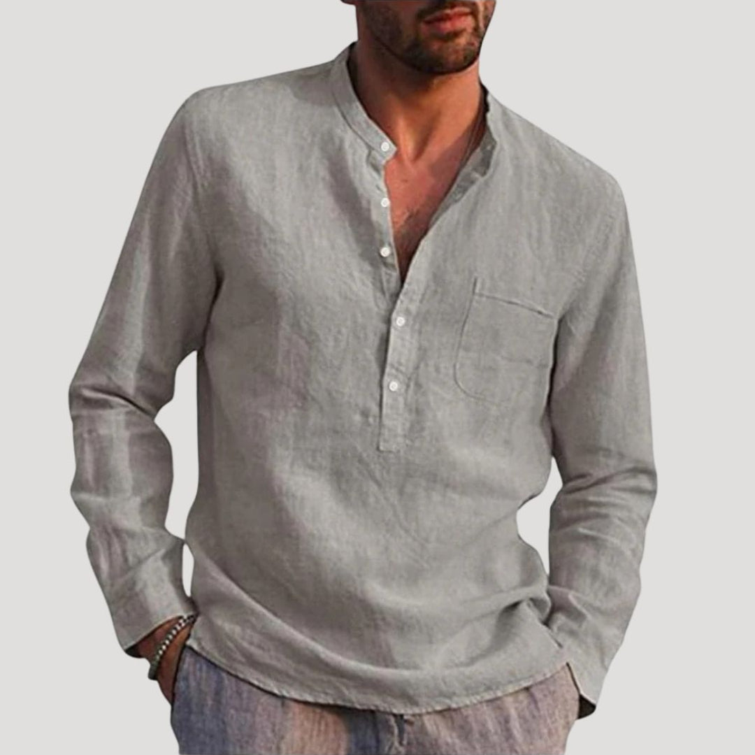 Men Linen Shirt Grandad Collar Long Sleeve Relaxed Fit