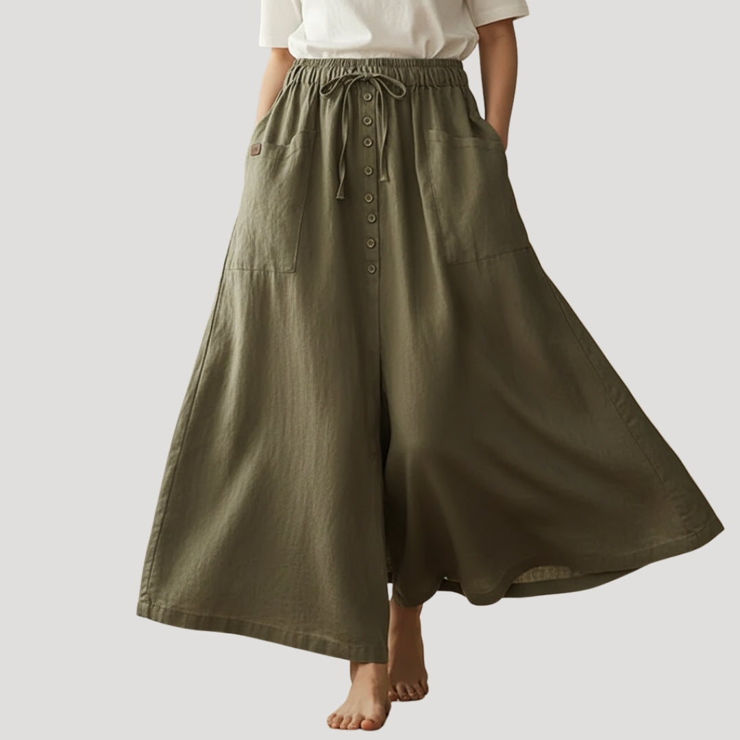 Women’s Linen Long Skirt Elastic Waist Button Front Pockets