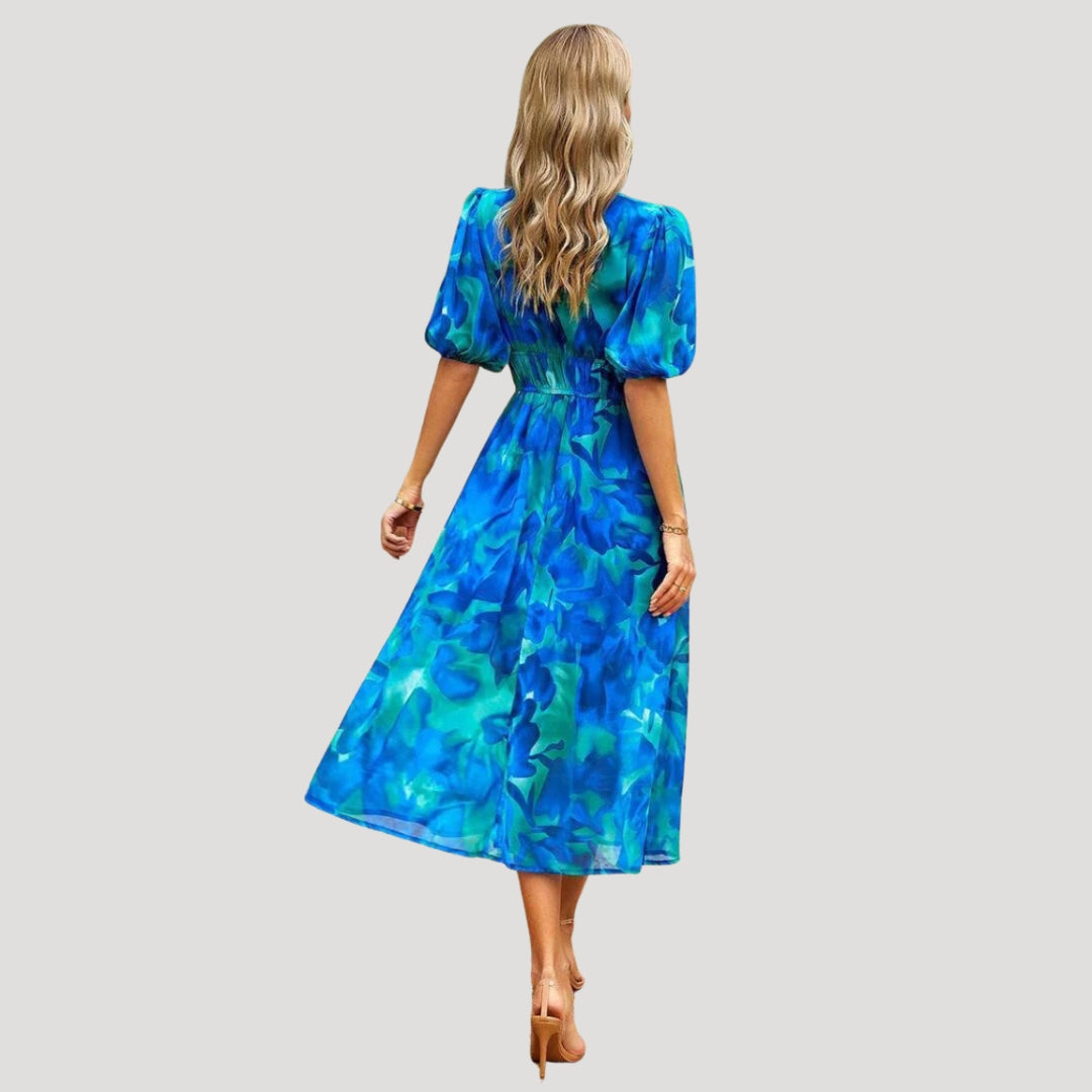 Women’s Dress Floral Midi Puff Sleeve V Neck Casual