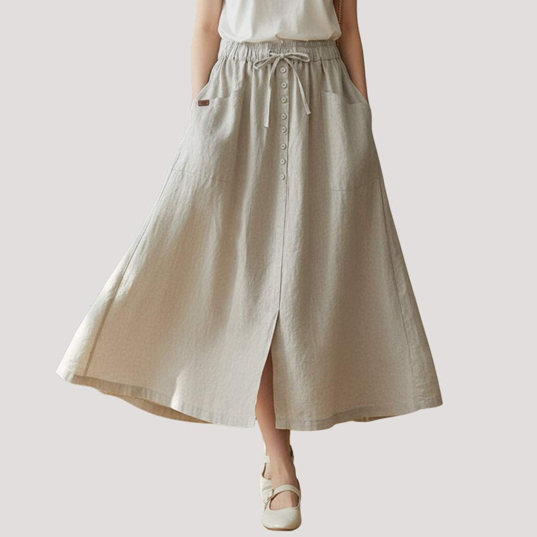 Women’s Linen Long Skirt Elastic Waist Button Front Pockets