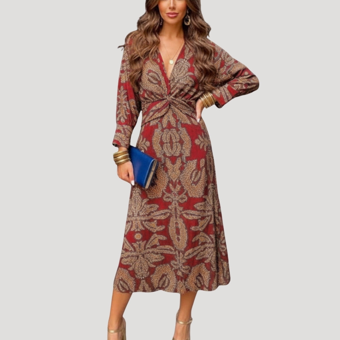 Women’s Maxi Dress Long Sleeve Wrap V Neck Boho Flowy