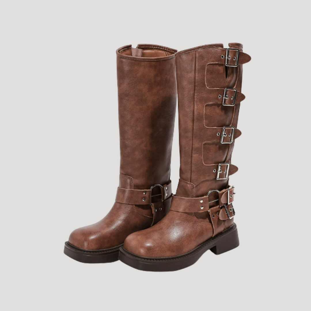 Women’s Knee High Boots Brown Buckle Riding Moto