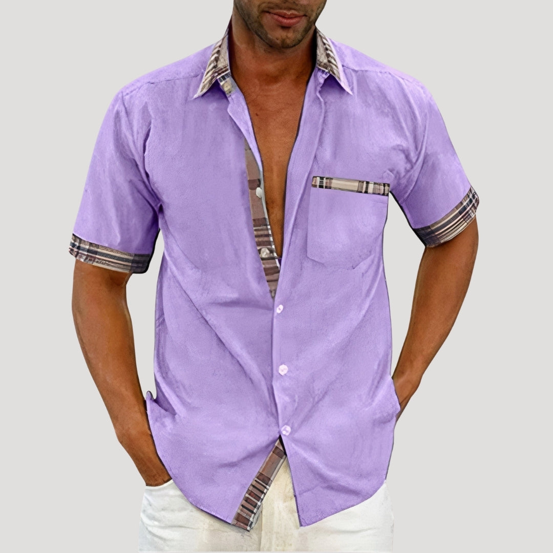 Mens Casual Shirt Short Sleeve Button Down Plaid Trim