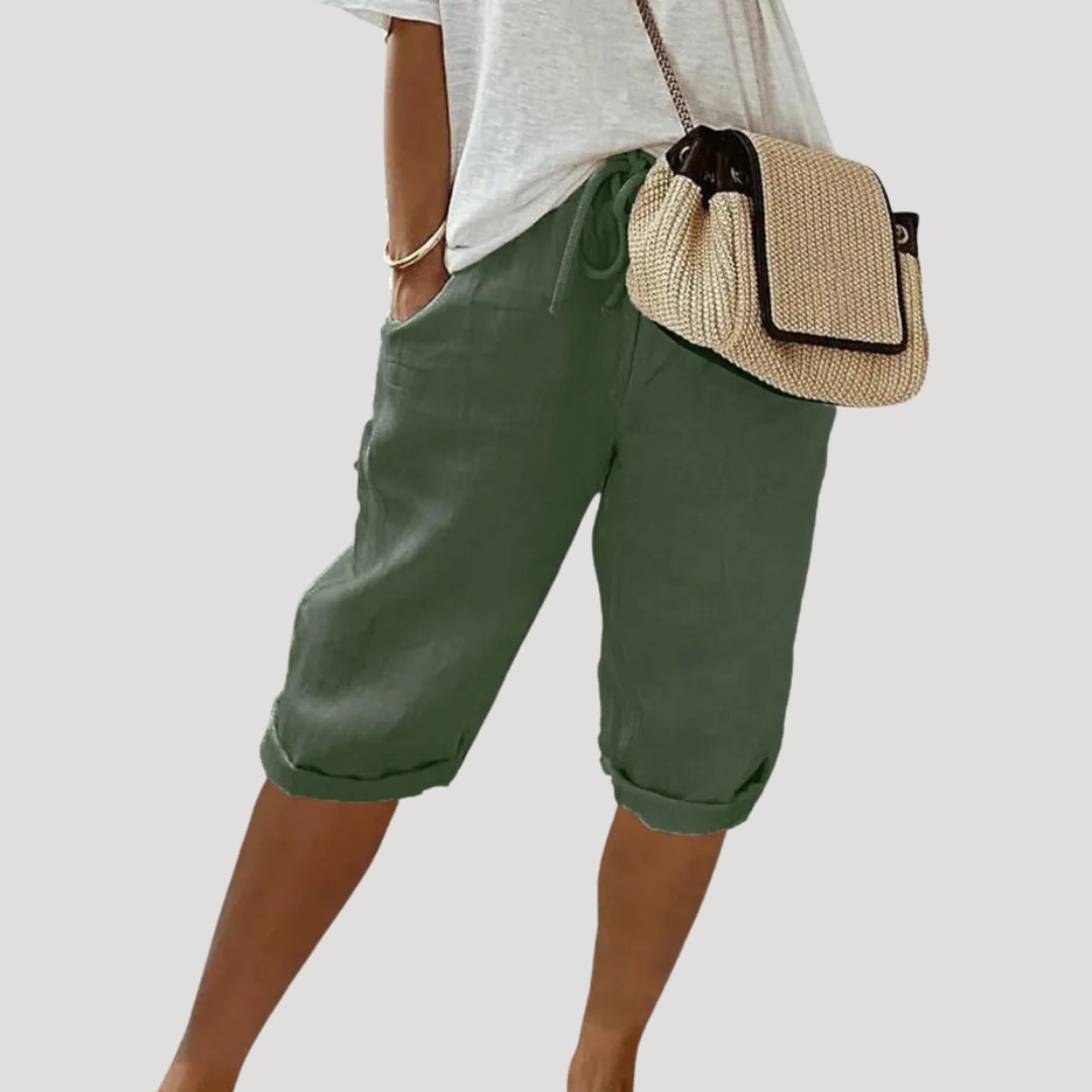 Women Linen Capri Trousers Elastic Waist Relaxed Fit
