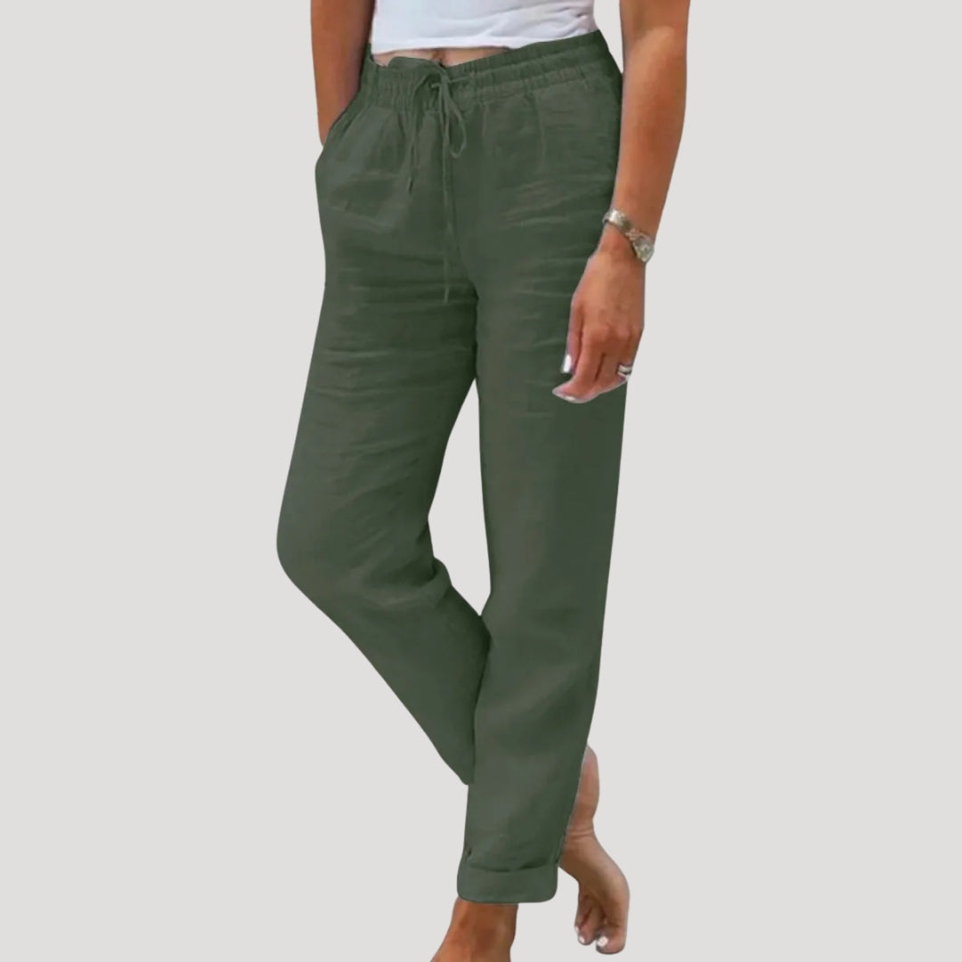 Women Linen Pants Drawstring Waist Straight Leg Fit