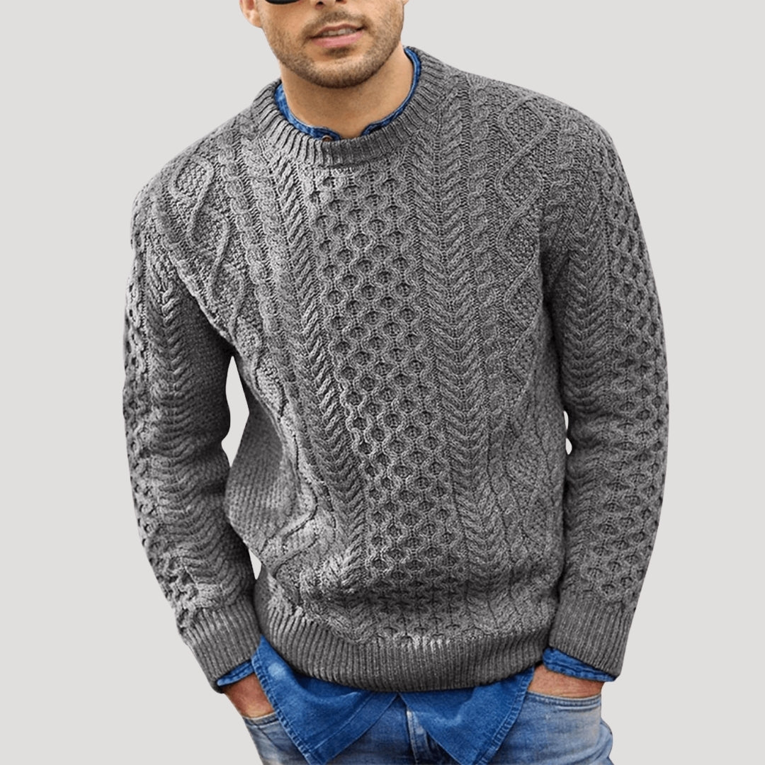 Men’s Cable Knit Sweater Crew Neck Textured Long Sleeve