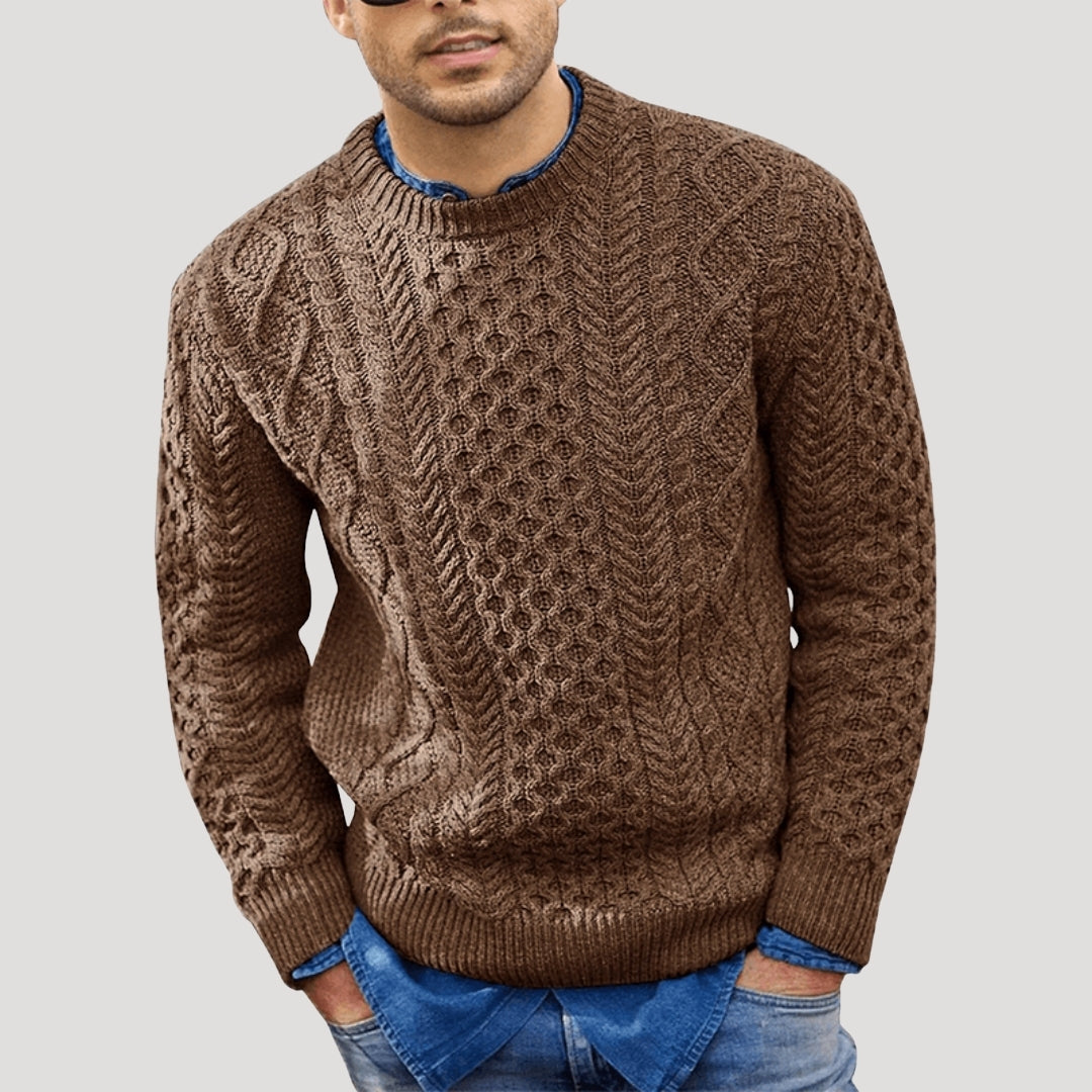 Men’s Cable Knit Sweater Crew Neck Textured Long Sleeve
