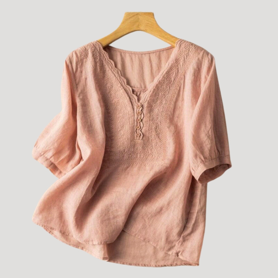 Women’s Blouse V Neck Short Sleeve Embroidered Casual Loose