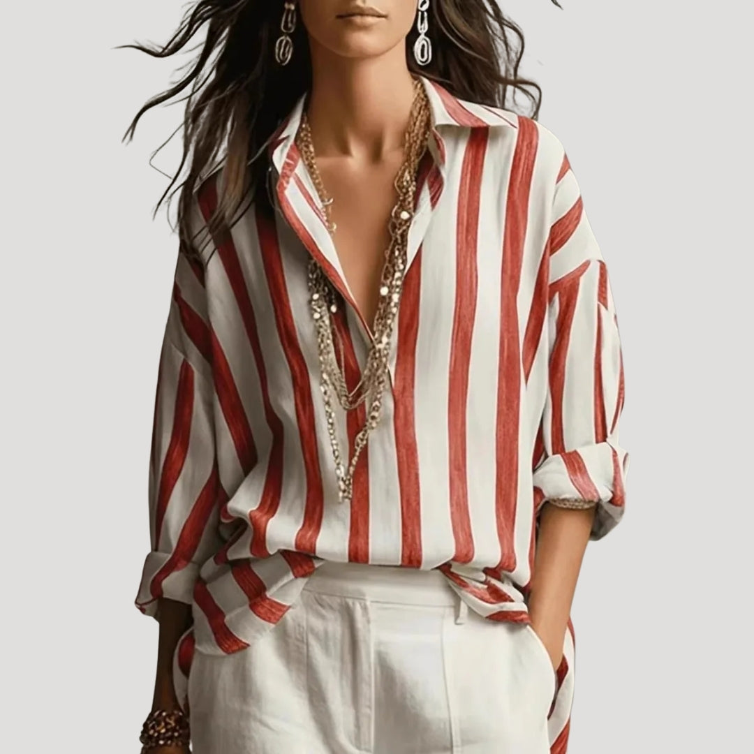 Women’s Striped Blouse Long Sleeve Button V Neck Loose