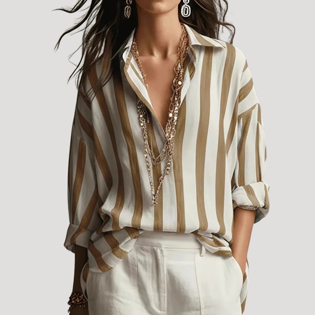 Women’s Striped Blouse Long Sleeve Button V Neck Loose