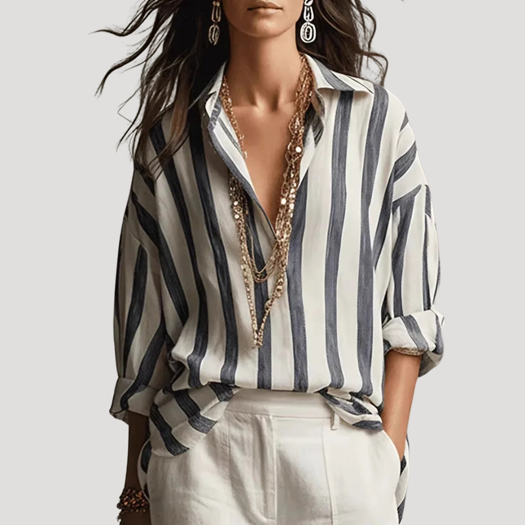 Women’s Striped Blouse Long Sleeve Button V Neck Loose