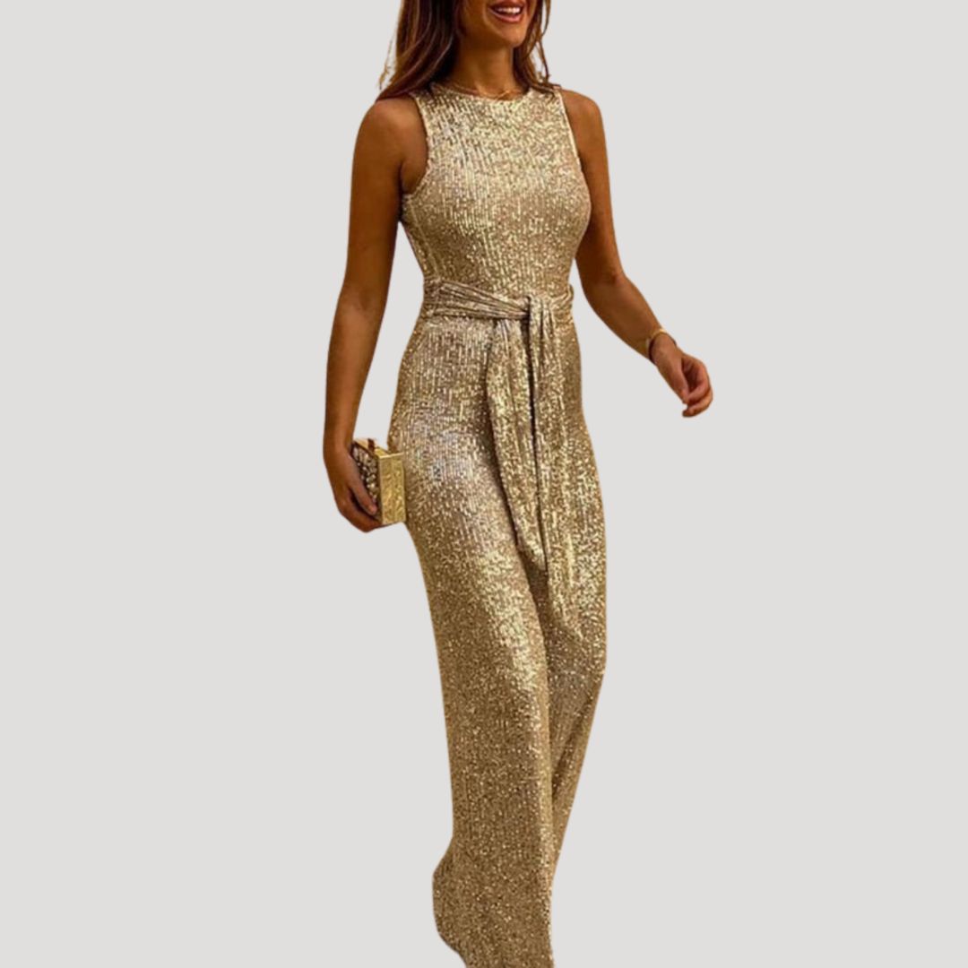 Women’s Sleeveless Sequin Jumpsuit Belted Wide Leg