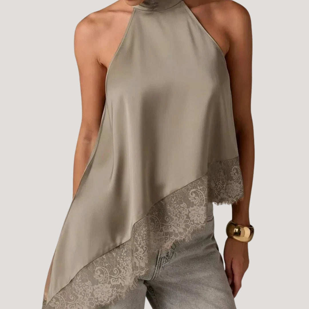 Women’s Blouse Halter Top Sleeveless Satin Lace Asymmetrical