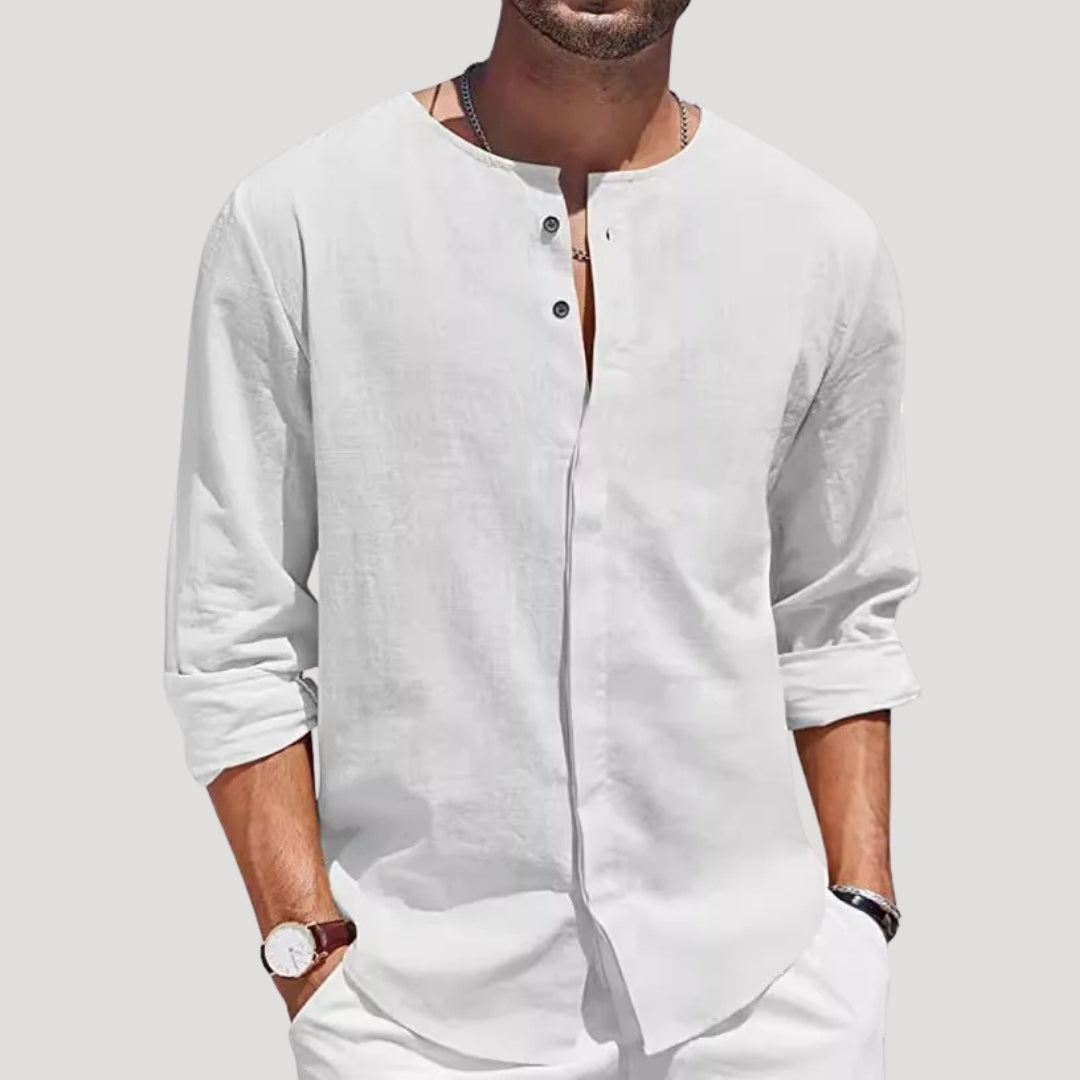 Mens Linen Henley Collarless Long Sleeve Summer Shirt