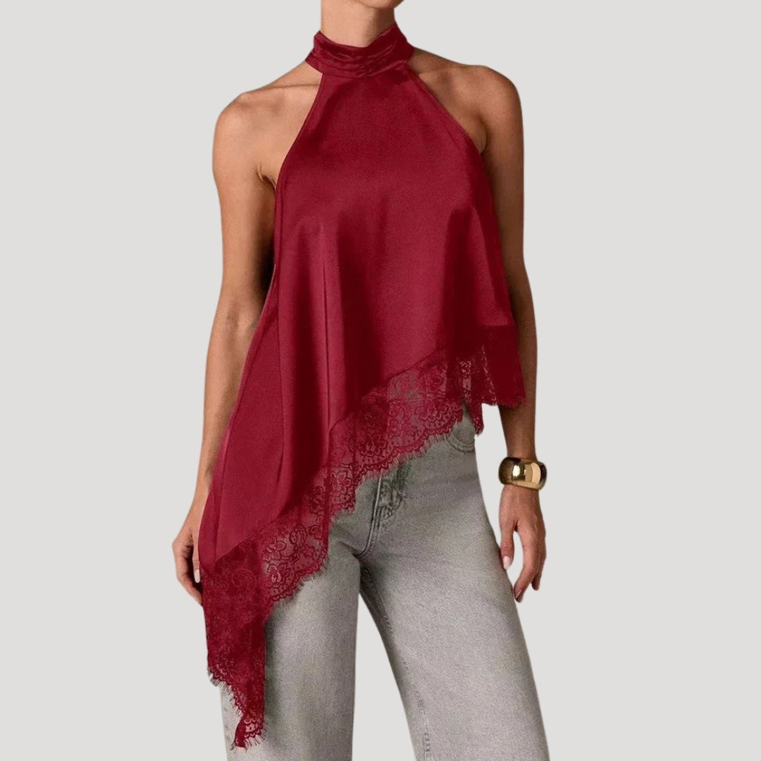 Women’s Blouse Halter Top Sleeveless Satin Lace Asymmetrical
