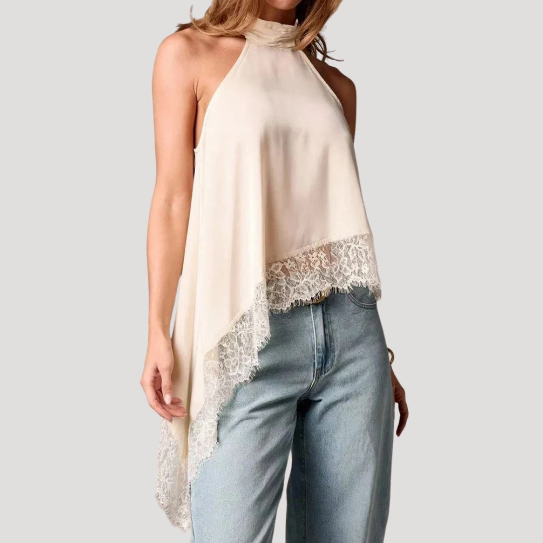 Women’s Blouse Halter Top Sleeveless Satin Lace Asymmetrical
