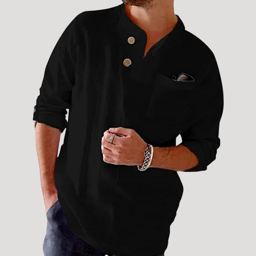 Mens Long Sleeve Shirt Linen Henley Casual Shirt Loose Fit