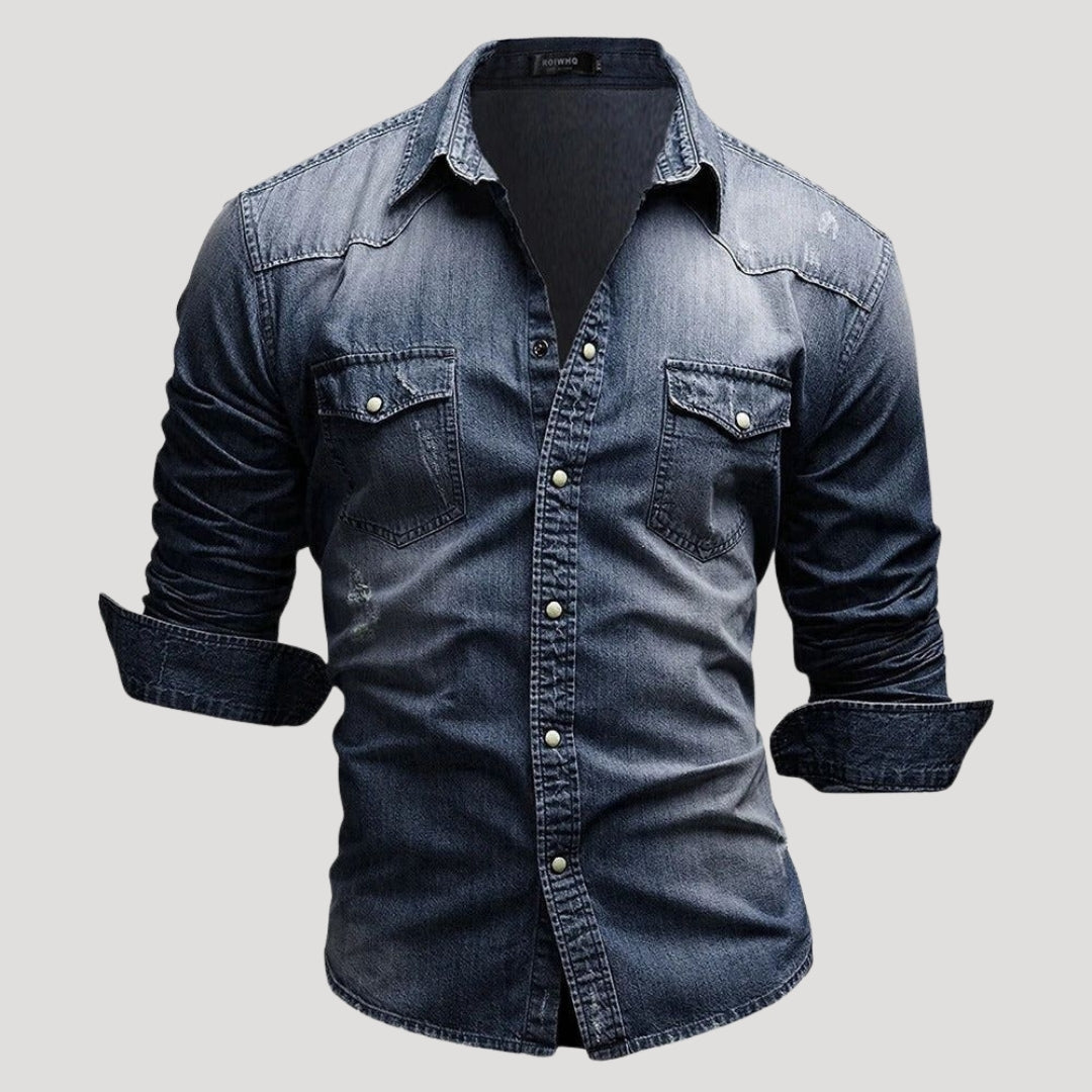 Mens Denim Shirt Long Sleeve Button Down Casual Slim Fit