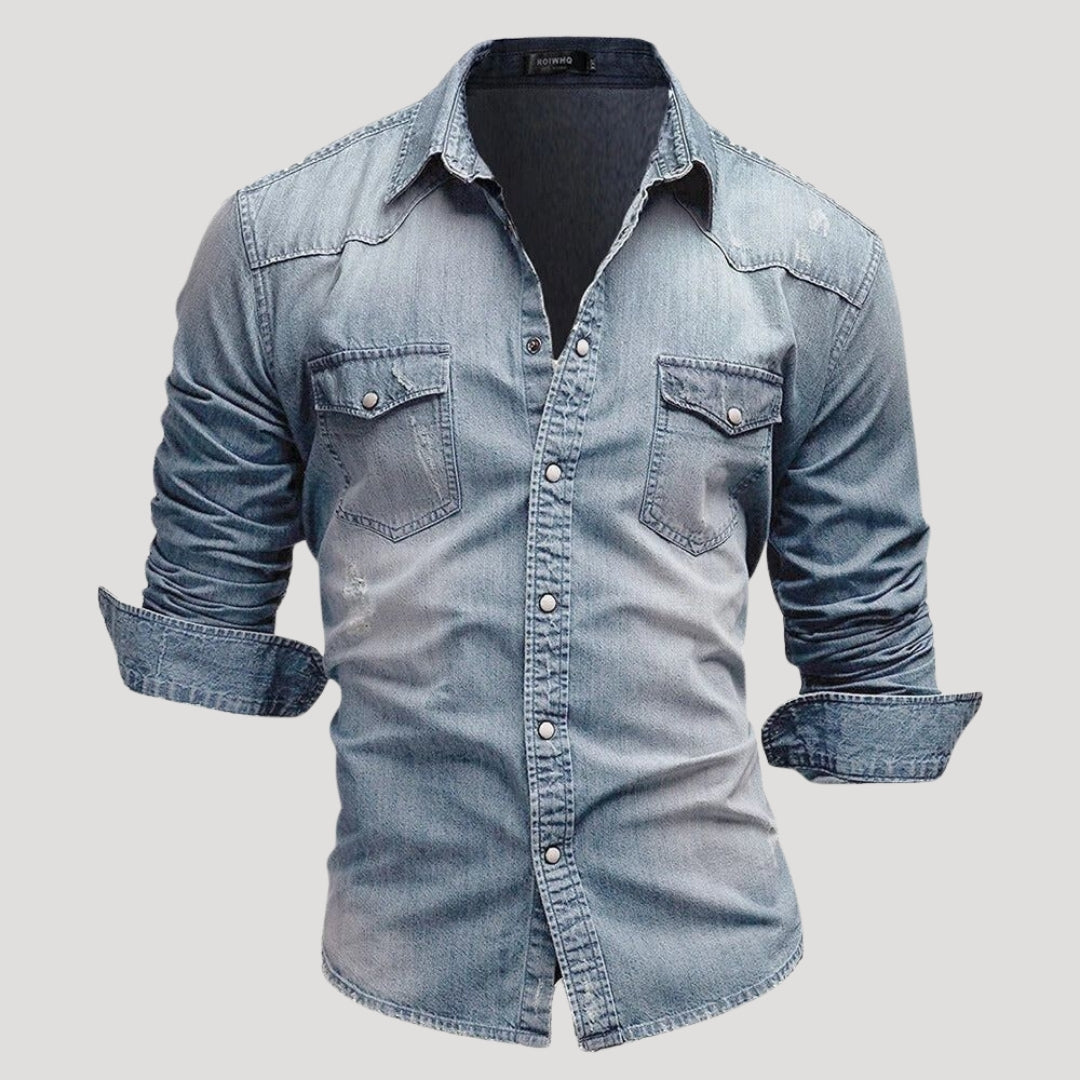 Mens Denim Shirt Long Sleeve Button Down Casual Slim Fit